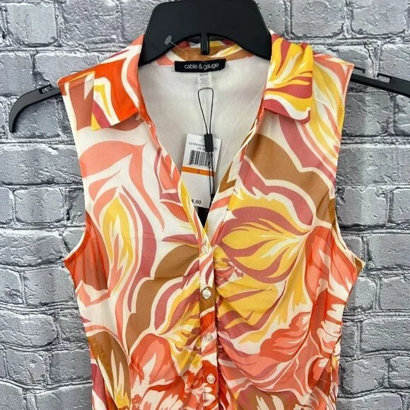 Cable and Gauge Blouse Womens Small Orange Floral Sleeveless Ruched Top V Neck - Picture 8 of 10